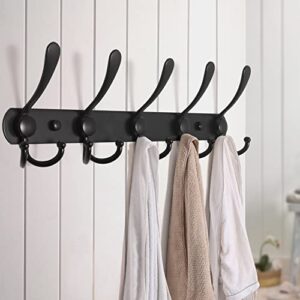 Dseap Coat Rack Wall Mounted - 5 Tri Hooks, Heavy Duty, Stainless Steel, Metal Coat Hook Rail for Coat Hat Towel Purse Robes Mudroom Bathroom Entryway (Black, 2 Packs)