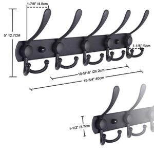 Dseap Coat Rack Wall Mounted - 5 Tri Hooks, Heavy Duty, Stainless Steel, Metal Coat Hook Rail for Coat Hat Towel Purse Robes Mudroom Bathroom Entryway (Black, 2 Packs)