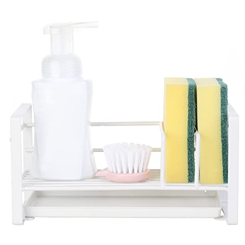 MyGift Modern Matte White Metal Kitchen Sink Sponge Holder and Accessory Rack with Removable Drainage Tray