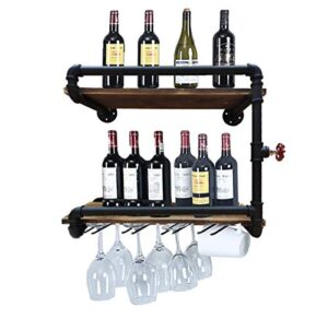industrial wall mounted wine racks with 4 stem glass holder,24inch rustic metal hanging wine holder glass rack,2-tiers floating bar shelves bottle holder storage shelves,wood shelves wall shelf