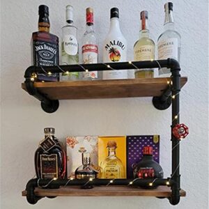 Industrial Wall Mounted Wine Racks with 4 Stem Glass Holder,24inch Rustic Metal Hanging Wine Holder Glass Rack,2-Tiers Floating Bar Shelves Bottle Holder Storage Shelves,Wood Shelves Wall Shelf