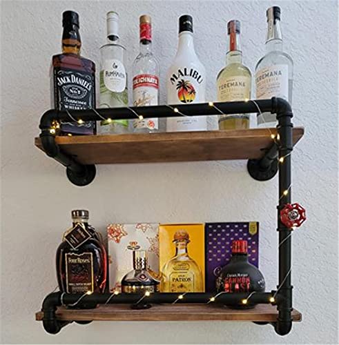 Industrial Wall Mounted Wine Racks with 4 Stem Glass Holder,24inch Rustic Metal Hanging Wine Holder Glass Rack,2-Tiers Floating Bar Shelves Bottle Holder Storage Shelves,Wood Shelves Wall Shelf