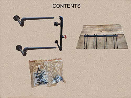 Industrial Wall Mounted Wine Racks with 4 Stem Glass Holder,24inch Rustic Metal Hanging Wine Holder Glass Rack,2-Tiers Floating Bar Shelves Bottle Holder Storage Shelves,Wood Shelves Wall Shelf