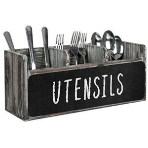 mygift torched wood kitchen flatware holder with 3 divided compartments and front chalkboard panel, countertop utensil holder silverware caddy