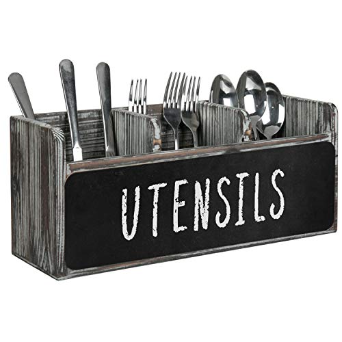 MyGift Torched Wood Kitchen Flatware Holder with 3 Divided Compartments and Front Chalkboard Panel, Countertop Utensil Holder Silverware Caddy