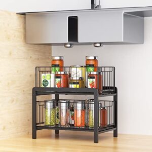 DeaGenlte Under Sink Organizer, 2 Tier Sliding Basket Drawer Organizer, Pull Out Cabinets Organizer Shelf, Black Iron Stackable Basket Organizer Drawer for Kitchen, Bathroom, Office - Black