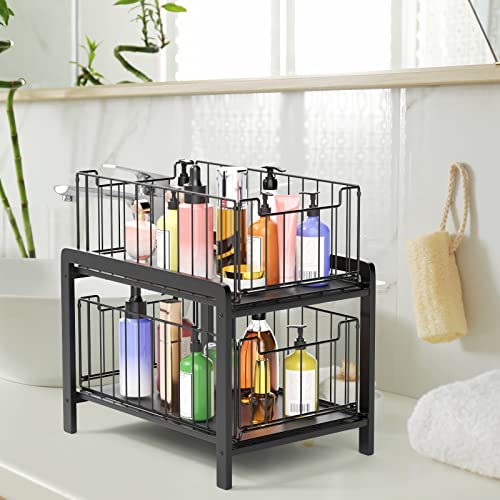 DeaGenlte Under Sink Organizer, 2 Tier Sliding Basket Drawer Organizer, Pull Out Cabinets Organizer Shelf, Black Iron Stackable Basket Organizer Drawer for Kitchen, Bathroom, Office - Black