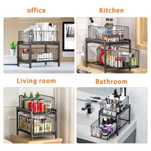 DeaGenlte Under Sink Organizer, 2 Tier Sliding Basket Drawer Organizer, Pull Out Cabinets Organizer Shelf, Black Iron Stackable Basket Organizer Drawer for Kitchen, Bathroom, Office - Black