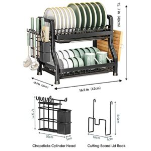 jiajunly 2 in 1 Kitchen Dish Drying Rack, Stainless Steel Large Capacity Dishrack, Multifunctional Rustproof Dish Drainer, 2-Tier Dish Rack for Kitchen Counter with Drainboard, Black