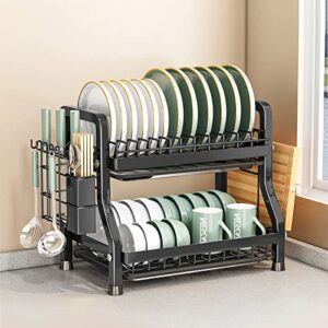 jiajunly 2 in 1 Kitchen Dish Drying Rack, Stainless Steel Large Capacity Dishrack, Multifunctional Rustproof Dish Drainer, 2-Tier Dish Rack for Kitchen Counter with Drainboard, Black