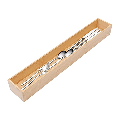 PRATIQUE Bamboo Narrow Organizer,Kitchen Utensil Organizer Silverware Tray,Cutlery Holder , Wood Storage Box for Flatware, Makeup, Bathroom, Office Desk(20*3*2,Bamboo)