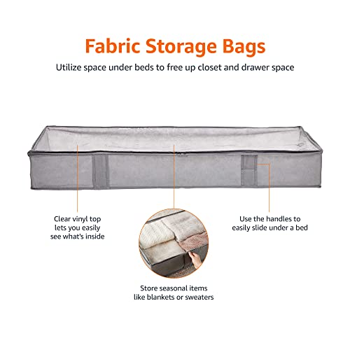 Amazon Basics Under Bed Fabric Storage Container Bags with Window and Handles - 2-Pack, 18 x 42 x 6 Inches, Gray