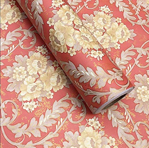 Simplemuji Red Damask Self-Adhesive Shelf Drawer Liner PVC Wallpaper for Counter top Closet 17.7''x98''