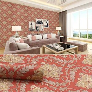 Simplemuji Red Damask Self-Adhesive Shelf Drawer Liner PVC Wallpaper for Counter top Closet 17.7''x98''