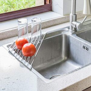 annaklin roll up dish drying rack for sink corner, triangle heavy duty heat resistant over the sink drying rack roll-up drainer mat with white silicone grips and stainless steel pipes, 17.5×9.2 inch