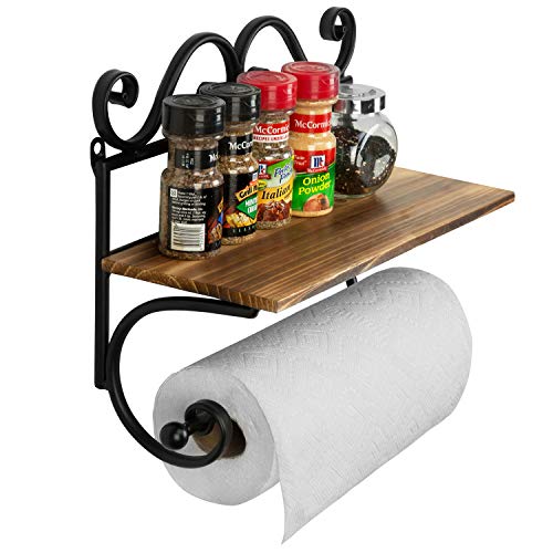 MyGift Wall Mounted Black Metal Kitchen Paper Towel Holder and Burnt Solid Wood Storage Display Shelf Spice Rack with Vintage Scrollwork Design