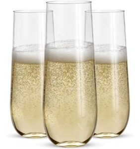 24pk stemless plastic champagne flutes – 9 oz | clear plastic wine glasses | shatterproof mimosa bar supplies | disposable cocktail glasses | new years eve party supplies 2023