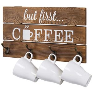 mygift burnt wood coffee mug wall rack, wall mounted decorative coffee bar sign with ‘but first coffee’ and 8 dual hooks