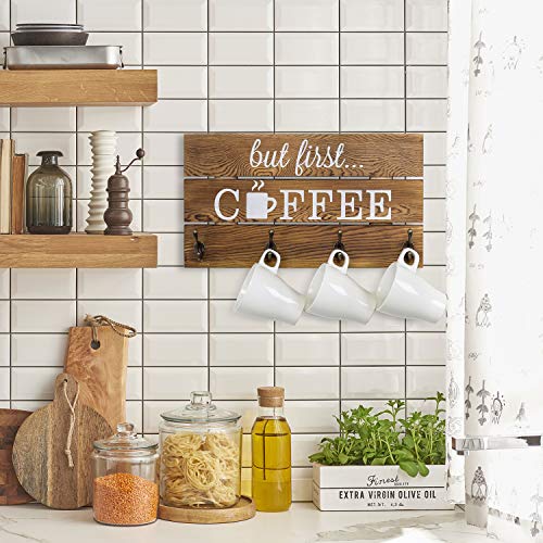 MyGift Burnt Wood Coffee Mug Wall Rack, Wall Mounted Decorative Coffee Bar Sign with 'But First Coffee' and 8 Dual Hooks