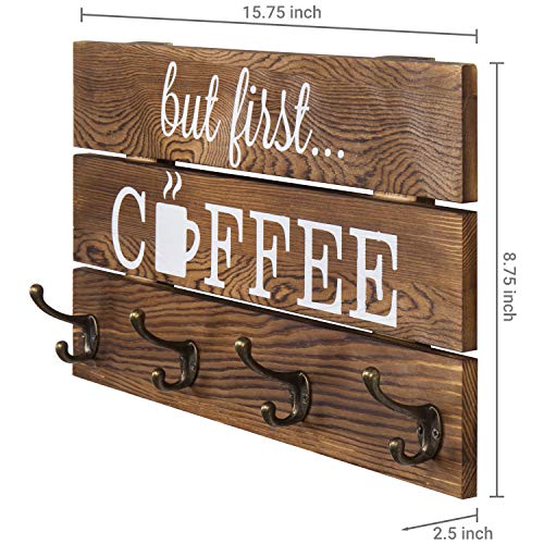 MyGift Burnt Wood Coffee Mug Wall Rack, Wall Mounted Decorative Coffee Bar Sign with 'But First Coffee' and 8 Dual Hooks