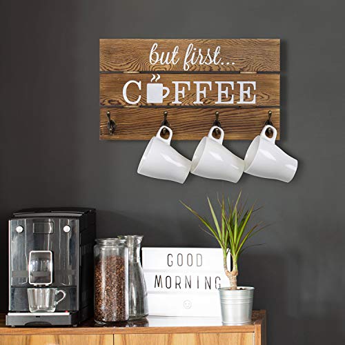 MyGift Burnt Wood Coffee Mug Wall Rack, Wall Mounted Decorative Coffee Bar Sign with 'But First Coffee' and 8 Dual Hooks