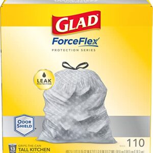 GLAD ForceFlex Tall Kitchen Drawstring Trash Bags, 13 Gallon Grey Trash Bag for Kitchen Trash Can, Odor Shield, Odor Eliminator and Leak Protection, 110 Count