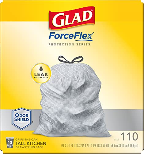 GLAD ForceFlex Tall Kitchen Drawstring Trash Bags, 13 Gallon Grey Trash Bag for Kitchen Trash Can, Odor Shield, Odor Eliminator and Leak Protection, 110 Count