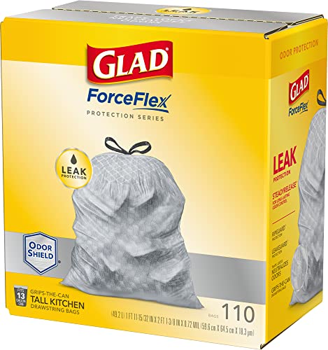 GLAD ForceFlex Tall Kitchen Drawstring Trash Bags, 13 Gallon Grey Trash Bag for Kitchen Trash Can, Odor Shield, Odor Eliminator and Leak Protection, 110 Count