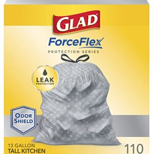 GLAD ForceFlex Tall Kitchen Drawstring Trash Bags, 13 Gallon Grey Trash Bag for Kitchen Trash Can, Odor Shield, Odor Eliminator and Leak Protection, 110 Count