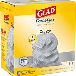 GLAD ForceFlex Tall Kitchen Drawstring Trash Bags, 13 Gallon Grey Trash Bag for Kitchen Trash Can, Odor Shield, Odor Eliminator and Leak Protection, 110 Count