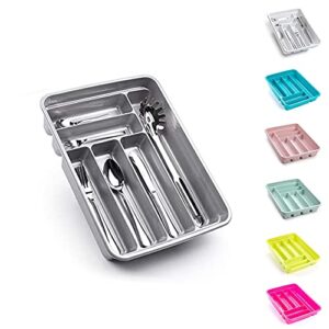 plastific 1 tier large & deep cutlery tray flatware organiser strong plastic drawer sliding tidy multipurpose flatware holder kitchen accessories for tableware(silver)…