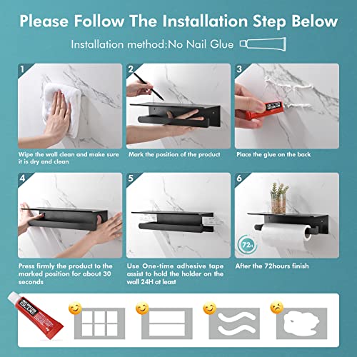 UNIGANT Paper Towel Holder with Shelf for Kitchen , Paper Towel Holder Wall Mount for Bathroom, Self-Adhesive Anti-Rust Aluminum, No Drill or Wall-Mounted with Screws (Matte Back)