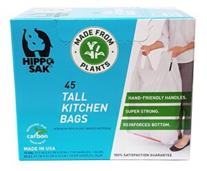 plant based – hippo sak tall kitchen bags with handles, 13 gallon (45 count)