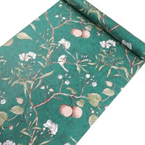 hoyoyo peach tree peel and stick shelf liner paper, green background white flowers bird self-adhesive liner drawer cabinets door surface living room wall art decor 17.8 x 118 inch