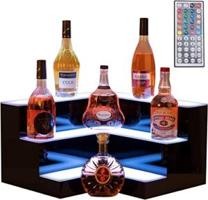 corner led liquor bottle display shelf, 20 in 3 step led display shelf diy mode illuminated bottle shelf color changing with led color remote control high gloss black finish for home party bar