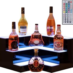 Corner LED Liquor Bottle Display Shelf, 20 in 3 Step LED Display Shelf DIY Mode Illuminated Bottle Shelf Color Changing with LED Color Remote Control High Gloss Black Finish for Home Party Bar