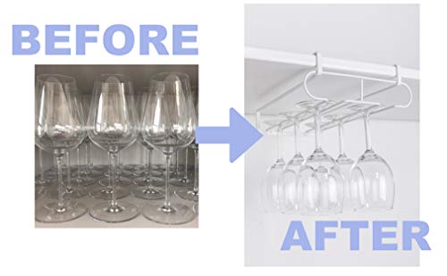 [HomTory] NO DRILLING Nail Free Stemware Wine Glass Metal Hanger Rack Organiser with 4 S-Hooks Combo - Holds Wine Glass, Mug, Utensil, Kitchenware, Stemware for Cabinet, Bar, Shelf, Kitchen