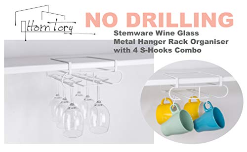 [HomTory] NO DRILLING Nail Free Stemware Wine Glass Metal Hanger Rack Organiser with 4 S-Hooks Combo - Holds Wine Glass, Mug, Utensil, Kitchenware, Stemware for Cabinet, Bar, Shelf, Kitchen