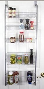 5 tier over the door pantry organizer (silver), by home basics | metal pantry door rack | hanging pantry organizer for condiments, spices, snacks, and canned goods