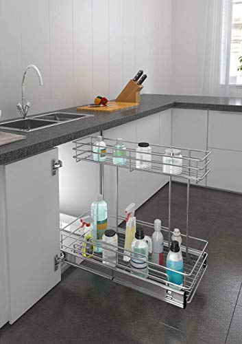 STORKING 2 Tier Under Sink Pull Out Cabinet Organizer Slide Wire Shelf Basket for Kitchen Base Cabinets 9" W 18.5" D 16" H