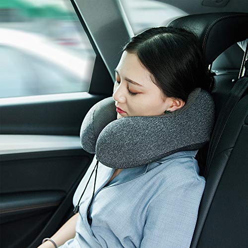 MLVOC Travel Pillow 100% Pure Memory Foam Neck Pillow, Comfortable & Breathable Cover, Machine Washable, Airplane Travel Kit with 3D Contoured Eye Masks, Earplugs, and Luxury Bag, Standard (Black)