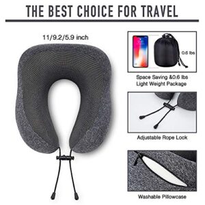 MLVOC Travel Pillow 100% Pure Memory Foam Neck Pillow, Comfortable & Breathable Cover, Machine Washable, Airplane Travel Kit with 3D Contoured Eye Masks, Earplugs, and Luxury Bag, Standard (Black)