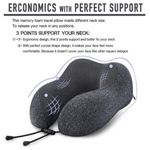 MLVOC Travel Pillow 100% Pure Memory Foam Neck Pillow, Comfortable & Breathable Cover, Machine Washable, Airplane Travel Kit with 3D Contoured Eye Masks, Earplugs, and Luxury Bag, Standard (Black)