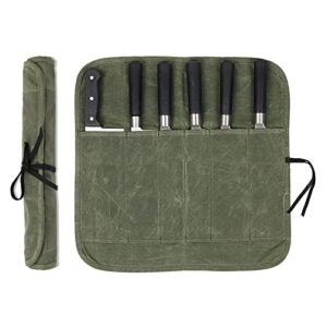 chef knife roll bag with 6 slots,waxed canvas knife carrying case,chef knife bag,knife pouch can hold home kitchen knife tools up to 17 inch,knife storage for travel camping,bbq,culinary school.