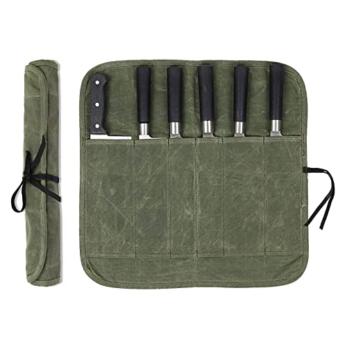 Chef Knife Roll Bag with 6 Slots,Waxed Canvas Knife Carrying Case,Chef Knife Bag,Knife Pouch Can Hold Home Kitchen Knife Tools up to 17 inch,Knife Storage for Travel Camping,BBQ,Culinary School.