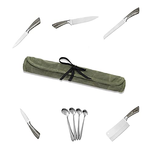 Chef Knife Roll Bag with 6 Slots,Waxed Canvas Knife Carrying Case,Chef Knife Bag,Knife Pouch Can Hold Home Kitchen Knife Tools up to 17 inch,Knife Storage for Travel Camping,BBQ,Culinary School.