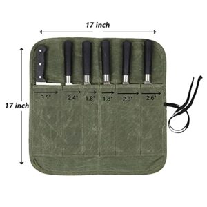 Chef Knife Roll Bag with 6 Slots,Waxed Canvas Knife Carrying Case,Chef Knife Bag,Knife Pouch Can Hold Home Kitchen Knife Tools up to 17 inch,Knife Storage for Travel Camping,BBQ,Culinary School.