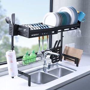 lepo over the sink dish drying rack, 2 tier stainless steel adjustable length (25.6-33.5in) & height(20.5-24.4in) large dish rack drainer with utensil holder for kitchen countertop organizer, black