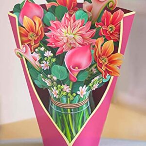 Freshcut Paper Pop Up Cards, Dear Dahlia, 12 inch Life Sized Forever Flower Bouquet 3D Popup Greeting Cards with Note Card and Envelope - Dahlia & Cala Lily Flowers