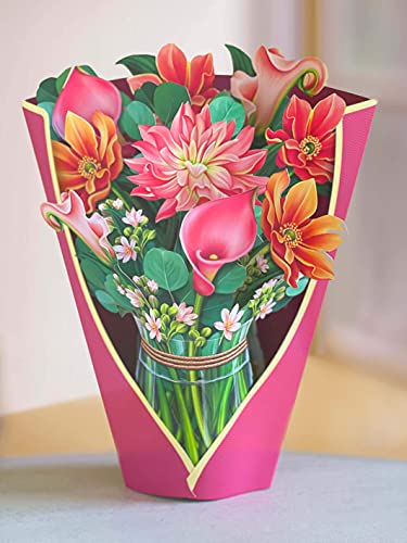 Freshcut Paper Pop Up Cards, Dear Dahlia, 12 inch Life Sized Forever Flower Bouquet 3D Popup Greeting Cards with Note Card and Envelope - Dahlia & Cala Lily Flowers